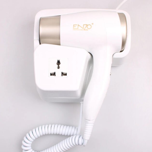 S&egrave;che-cheveux mural professionnel ENZO Luxe, blanc, silencieux et durable. Id&eacute;al pour salle de bain d'h&ocirc;tel, maison et salon de coiffure.