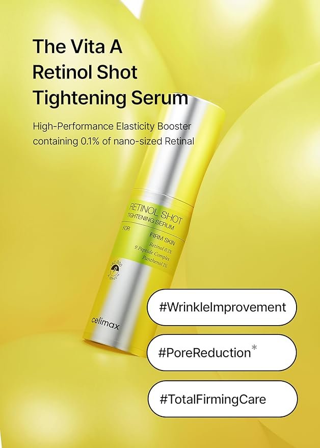 Celimax The Vita A Retinol Shot Tightening Serum 30ml, avec 0.1% Rétinol pur et 9-peptide complex. Améliore les rides, resserre les pores et raffermit la peau.